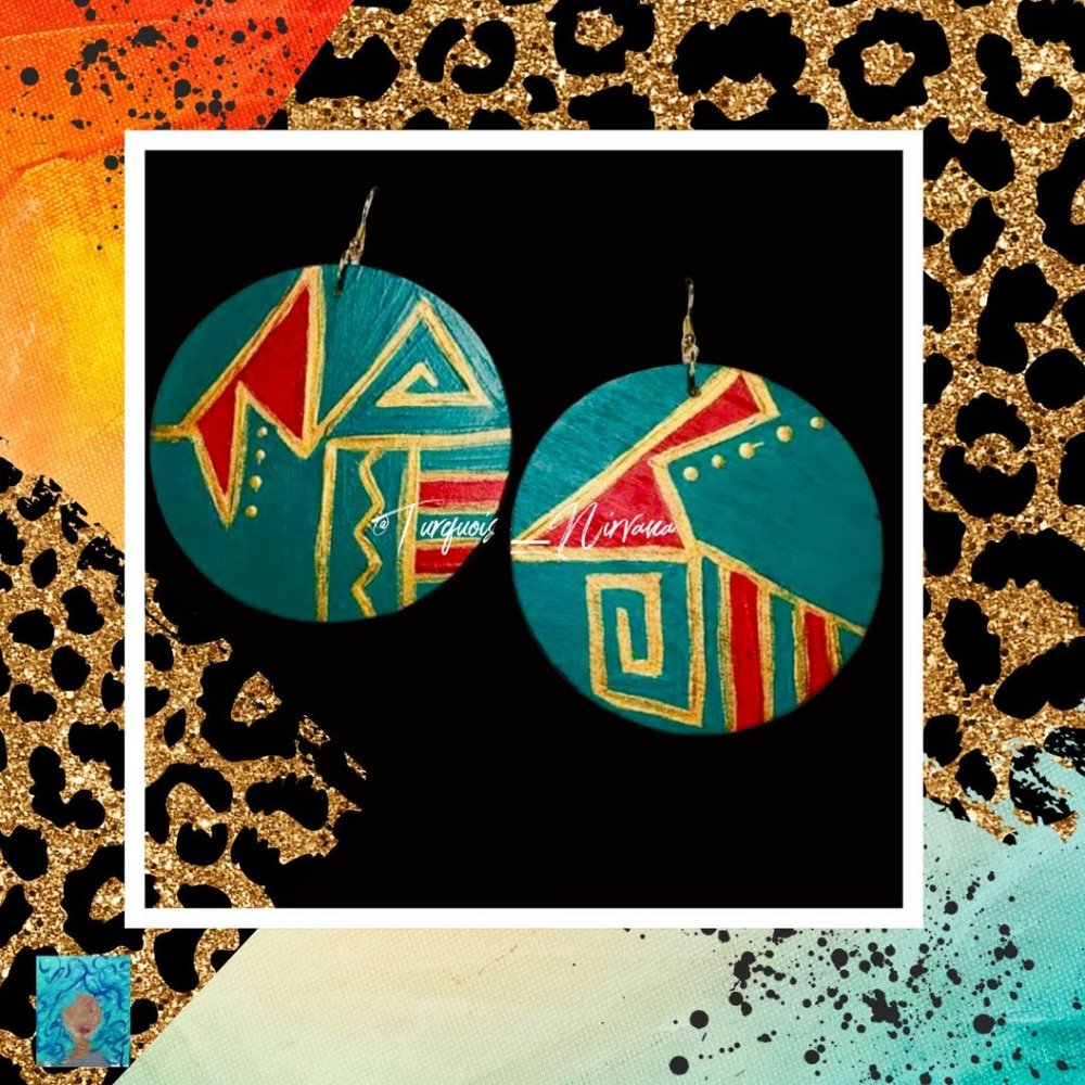 L-20: Turquoise Red Gold Tribal Print Round Earrings